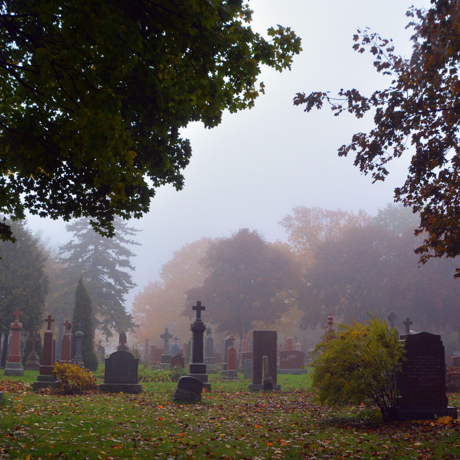 Monument in Notre-Dame-des-Neiges Cemetery during a rainy and foggy day in fall. Is the largest cemetery in Canada and the third-largest in North America